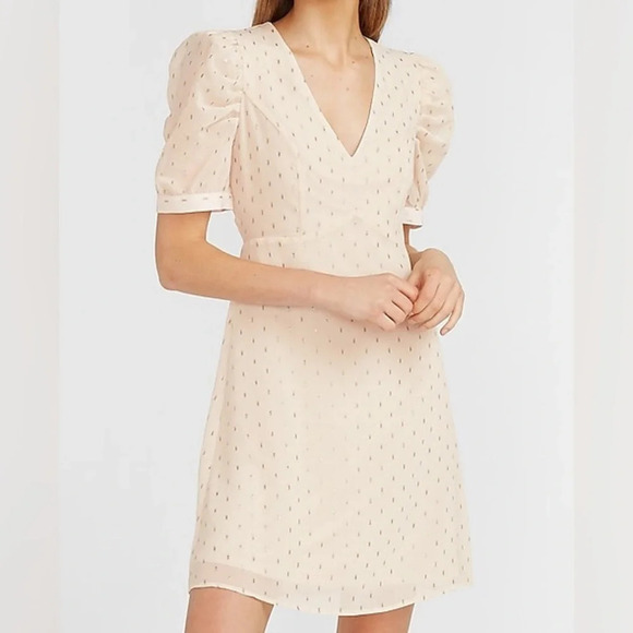 EXPRESS Metallic‎ Clip Dot Puff Sleeve Fit and Flare Dress - Picture 1 of 7